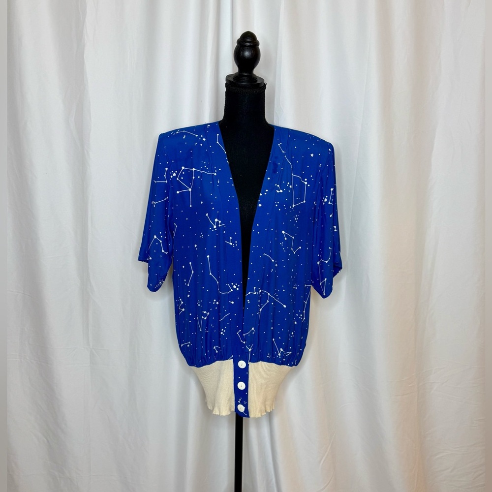 Vintage Blue Galaxy Patterned Button-Up Cardigan Blouse
